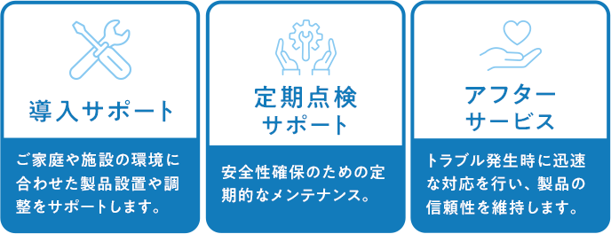 導入サポート: ご家庭や施設の環境に合わせた製品設置や調整をサポートします。 定期点検サービス: 安全性確保のための定期的なメンテナンス。 アフターサービス: トラブル発生時に迅速な対応を行い、製品の信頼性を維持します。